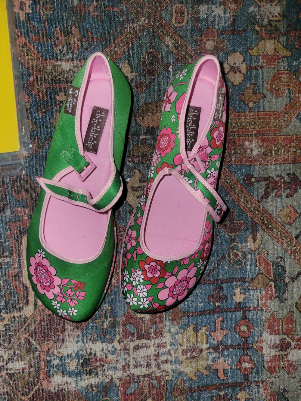 Platform Mary Janes in Green & Pink Floral Print